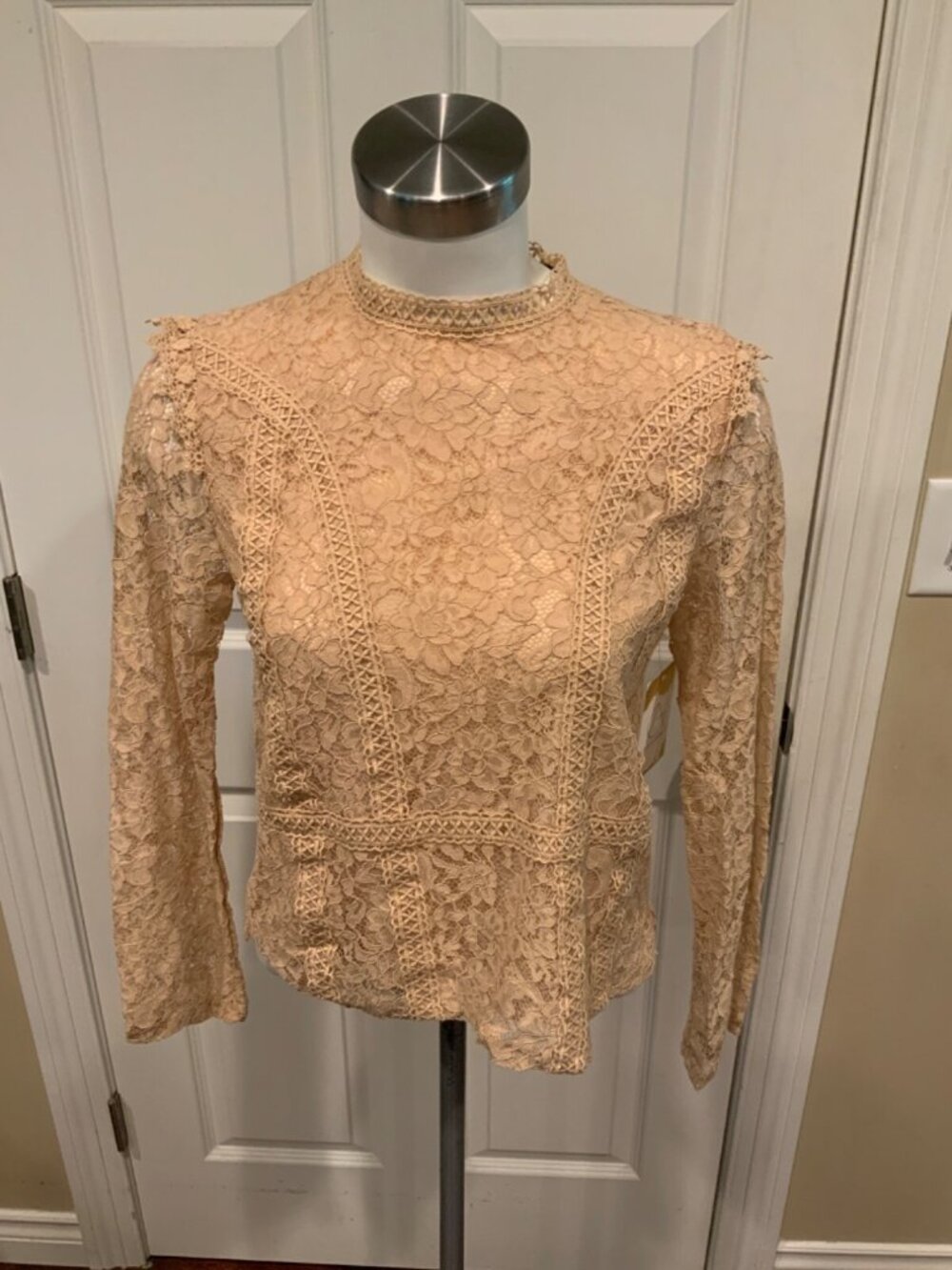 Zara Nude Floral Ruffle Lace Long Sleeve Top, Size XS